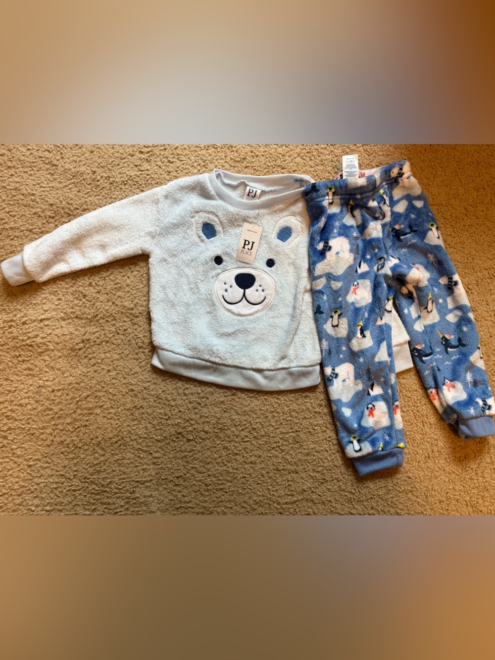 Light Blue Polar Bear Pullover with Blue Penguin Fleece Pants